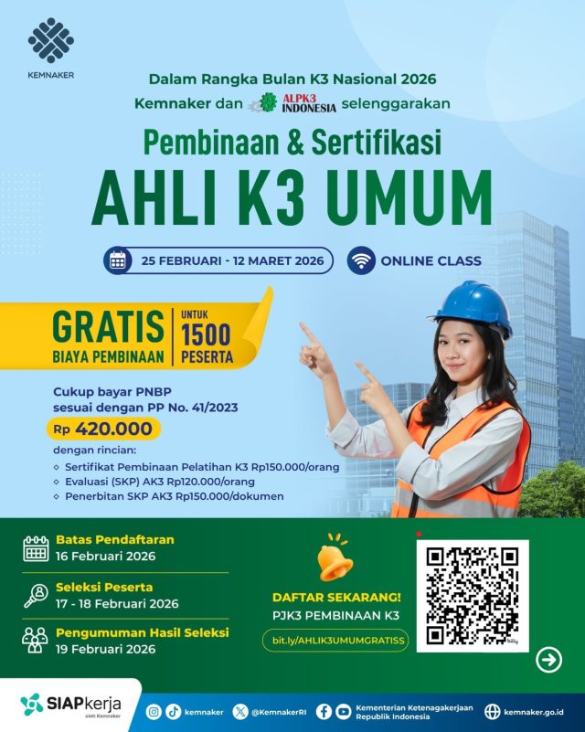 Gebrakan Baru! Kemnaker Buka Pelatihan Ahli K3 Umum Gratis - 1